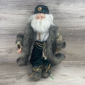 VNTG Russian-Style Santa Claus Father Christmas Doll Green Velvet Fur Trim 14”